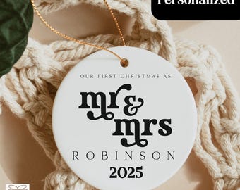 Mr and Mrs Ornament, Our First Christmas Married Decor, Personalized Just Married Wedding Keepsake, Custom Newlywed Couples Christmas Gift