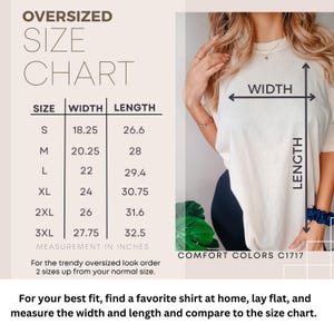 May include: An oversized size chart with measurements in inches for t-shirts. Sizes range from S to 3XL, with widths from 18.25 to 27.75 inches and lengths from 26.6 to 32.5 inches. The chart includes instructions for finding the best fit.
