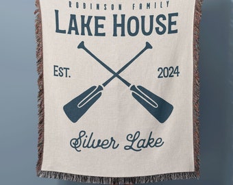Lake House Decor Woven Blanket, Lake Name Gift, Personalized Lake House Blanket, Family Name Fringe Throw, New Lake House Housewarming Gift