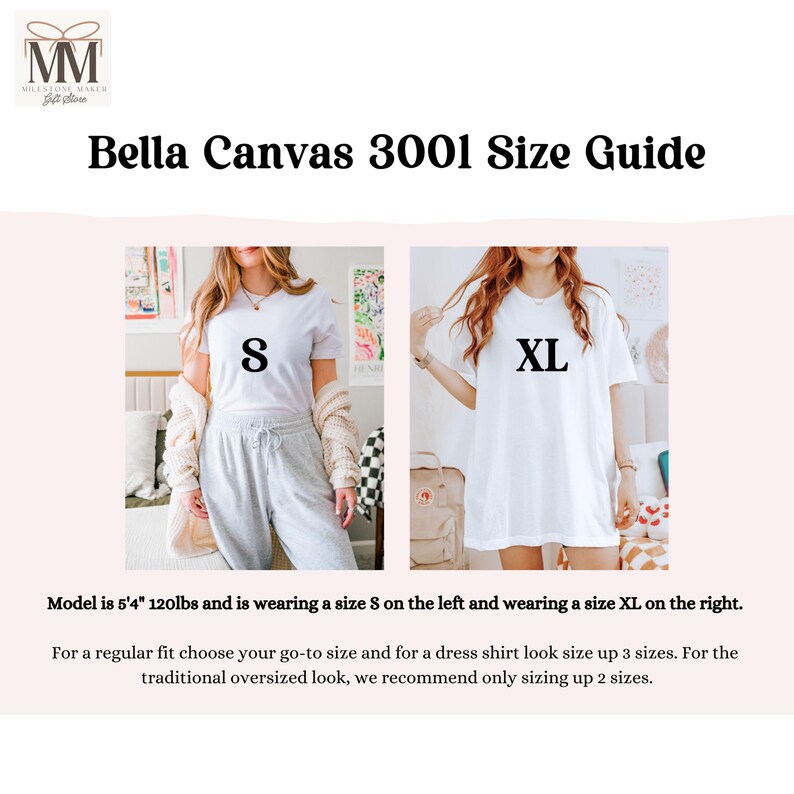 以下が含まれることがあります： Bella Canvas 3001 Tシャツのサイズガイドです。モデルは左にサイズ8、右にサイズXLを着用しています。テキストには、「モデルは身長163cm、体重54kgで、左にサイズ8、右にサイズXLを着用しています。通常のフィット感を求める場合は、普段通りのサイズを選んでください。ワンピースのようなルックにする場合は、3サイズ上のサイズを選んでください。伝統的なオーバーサイズルックにする場合は、2サイズ上のサイズを選ぶことをお勧めします。」と記載されています。