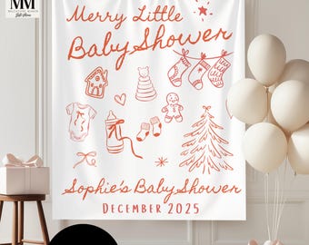 Peut inclure: Toile de fond blanche pour une baby shower avec texte et illustrations rouges. Le texte indique "Merry Little Baby Shower" et "Sophie's Baby Shower December 2025." Les illustrations comprennent une maison, un body, une bouteille, des chaussettes, un bonhomme en pain d'épices et un sapin de Noël.