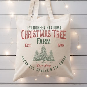 Christmas Tote bag, Vintage Christmas Gift Bag, Holiday Canvas Tote Bag, Farm Fresh Christmas Tree  Farm, Hostess Holiday Retro Gift Bag