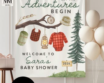 Anpassad babyshowerbanderoll med campingtema, äventyr väntar babyshowerskylt, rustik tapet för utomhusdusch och vandring