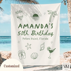 Custom Beach Birthday Banner, Birthday Party Decor, 30th Birthday Party Tapestry, Personalized Location Girls Weekend Photo Backdrop Sign