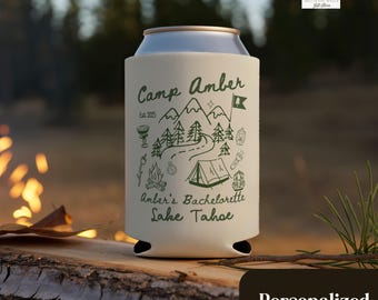 Custom Camping Bachelorette Beer Coozie, Camp Bach Party Can Cooler, Mountain Hiking Lake Bridal Party Favor, Campfire Slim Cooler Cover