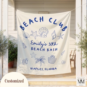 Custom Beach Birthday Banner, Birthday Party Decor, 30th Birthday Party Tapestry, Personalized Location Girls Weekend Photo Backdrop Sign