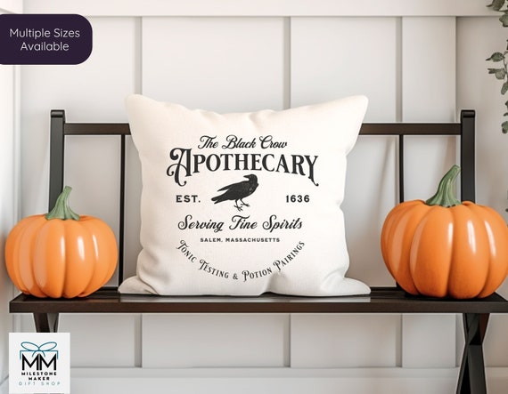 Black Crow Apothecary Halloween Pillow and Insert, Witchy Aesthetic Halloween Home Decoration, Spooky Halloween Lover Gift, Black Crow Gift