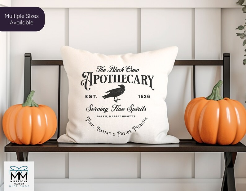 Black Crow Apothecary Halloween Pillow and Insert, Witchy Aesthetic Halloween Home Decoration, Spooky Halloween Lover Gift, Black Crow Gift bild 1