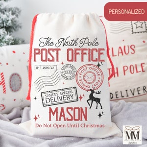 Custom Christmas Bag For Kids With Name, Personalized Santa Sack, Vintage North Pole Post Office, Jumbo Stocking, Christmas Eve Present Bag