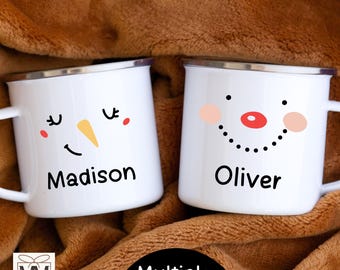 Personalized Kids Snowman Enamel Mug, Custom Hot Chocolate Cup, Toddler Xmas Gift, Cute Holiday Camp Mug, Christmas Eve Box Stocking Stuffer