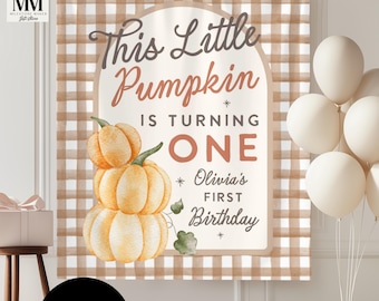 Onze kleine pompoen is een herfstverjaardagsbanner, kleine pompoen herfst decoratie eerste verjaardag