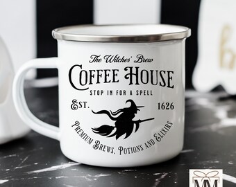 Vintage Halloween Coffee Mug, Witches Brew Coffee House Enamel Mug, Salem Witch Mug, Coffee Lovers Halloween Decor, Halloween Hostess Gift