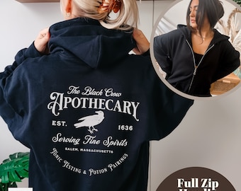 Black Crow Apothecary Halloween Zip Hoodie, Salem Massachusetts Witchy Hoodie, Spooky hösttröja för kvinnor, Vintage häxa med hel dragkedja