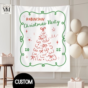 Custom Christmas Party Banner, Personalized Doodle Holiday Photo Backdrop, Modern Xmas Party Sign, Festive Christmas Decor Wall Tapestry