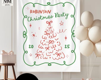 May include: A white Christmas party backdrop with a green border and red text that reads "ROBINSON Christmas Party" and "20 25". A red Christmas tree design is in the center. A black circle with the word "CUSTOM" is at the bottom.