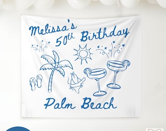 Custom Beach Birthday Banner, Birthday Party Decor, 30th Birthday Party Tapestry, Personalized Location Girls Weekend Photo Backdrop Sign