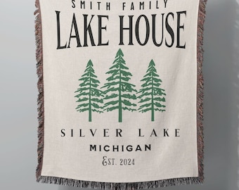 Lake House Decor Woven Blanket, Lake Name Gift, Personalized Lake House Blanket, Family Name Fringe Throw, New Lake House Housewarming Gift