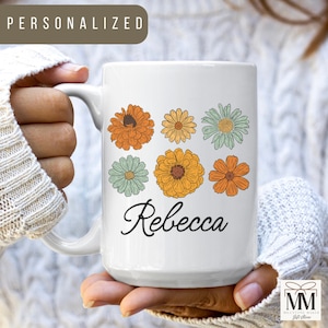 Personalized Flower Mug, Custom Name Coffee Cup, Birthday Gift For Friend, Bridesmaid Gift, Retro Floral Name Mug, Mothers Day Gift For Her