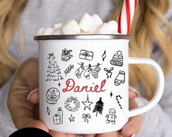 Personalized Enamel Christmas Mug: Custom Hot Chocolate Cup, Kids Stocking Stuffer