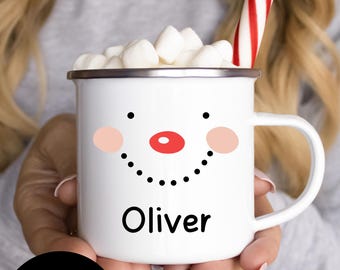 Personalized Kids Snowman Enamel Mug, Custom Hot Chocolate Cup, Toddler Xmas Gift, Cute Holiday Camp Mug, Christmas Eve Box Stocking Stuffer