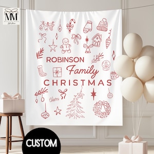 Custom Christmas Party Banner, Personalized Doodle Family Holiday Photo Backdrop, Modern Xmas Event Sign, Festive Winter Tapestry Flag Decor
