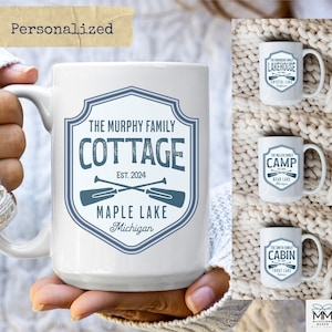 Customizable Family Cottage Mug, Personalized Lake House Gift, House Warming Gift for New Cottage, New Cabin Gift, Lake House Cottage Decor