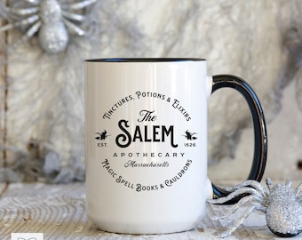 Taza de Halloween con asa negra de Salem Apothecary, taza de bruja de Salem Massachusetts, regalo para amantes de Halloween, decoración de Halloween de brujas, taza de bruja espeluznante