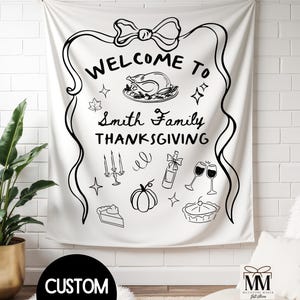 Custom Thanksgiving Party Banner, Friendsgiving Dinner Welcome Sign, Personalized Hand Drawn Fall Family Gathering Photo Backdrop Tapestry