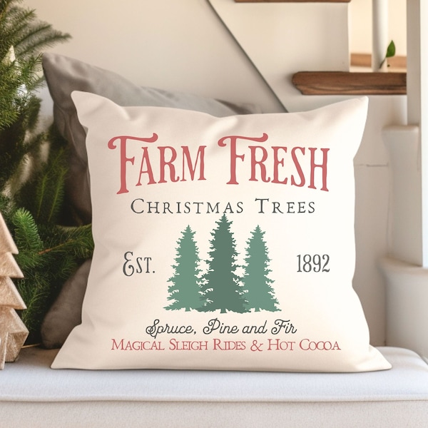 Farm Fresh Christmas Tree Pillow and Insert, Christmas Decor, Christmas Gift for Her, Vintage Holiday Decoration, North Pole Tree Farm