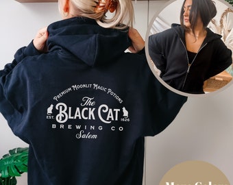 Black Cat Halloween Zip Up Hoodie, Salem MA Brewery Hooded Sweatshirt, Spooky Season Witch Shirt, Womens Witchy Halloween Full Zip Sweater