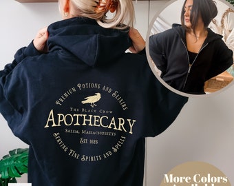 Black Crow Apothecary Halloween Zip Hoodie, Vintage Halloween Hooded Sweater, Salem Massachusetts Witchy Shirt, Witch Halloween Full Zip