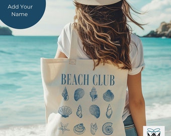 Personalized Beach Bag with Vintage Blue Sea Shells, Beachy Vibes Canvas Tote, Retro Ocean Bag, Beach Vacation Bag, Beach Bachelorette Gifts