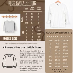 K&ouml;nnte beinhalten: Eine Gr&ouml;&szlig;entabelle f&uuml;r Kinder- und Erwachsenen-Sweatshirts. Die Tabelle zeigt die Breite und L&auml;nge in Zoll f&uuml;r jede Gr&ouml;&szlig;e. Die Tabelle enth&auml;lt auch Informationen &uuml;ber Unisex-Gr&ouml;&szlig;en und wie man die beste Passform findet.