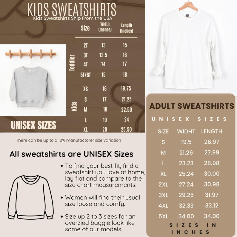 K&ouml;nnte beinhalten: Eine Gr&ouml;&szlig;entabelle f&uuml;r Kinder- und Erwachsenen-Sweatshirts. Die Tabelle zeigt die Breite und L&auml;nge in Zoll f&uuml;r jede Gr&ouml;&szlig;e. Die Tabelle enth&auml;lt auch Informationen &uuml;ber Unisex-Gr&ouml;&szlig;en und wie man die beste Passform findet.
