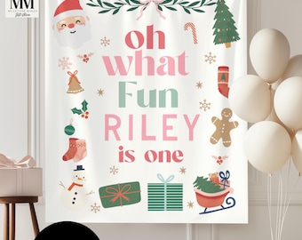 Banner de cumpleaños divertido, tapiz de fondo con temática navideña para el primer cumpleaños de niñas, letrero de bienvenida para fiesta de primer cumpleaños