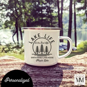 Custom Lake House Enamel Mug, Personalize Cottage Gift, House Warming Gift for New Cabin, Lake Life Lake House Home Decor, Camp Hostess Gift
