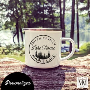 Custom Lake House Enamel Mug, Personalized Cottage Gift, House Warming Gift for New Cabin, Lake House Home Decor, Vintage Camp Hostess Gift
