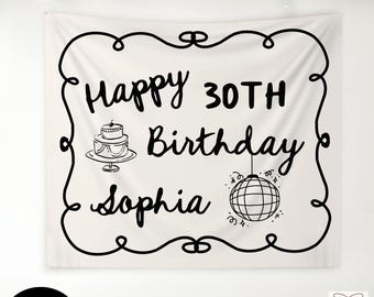 Benutzerdefinierte 30. Geburtstag Zeichen, personalisierte Meilenstein Geburtstagsparty Dekor, alles Gute zum Geburtstag Name Wandteppich, Foto Geburtstag Willkommen Hintergrund Zeichen