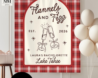 Pancarta personalizada de despedida de soltera de invierno, decoración de campamento con franela y burbujas para la fiesta nupcial, fin de semana de campamento en cabaña, decoraciones de despedida de soltera alrededor de una fogata.