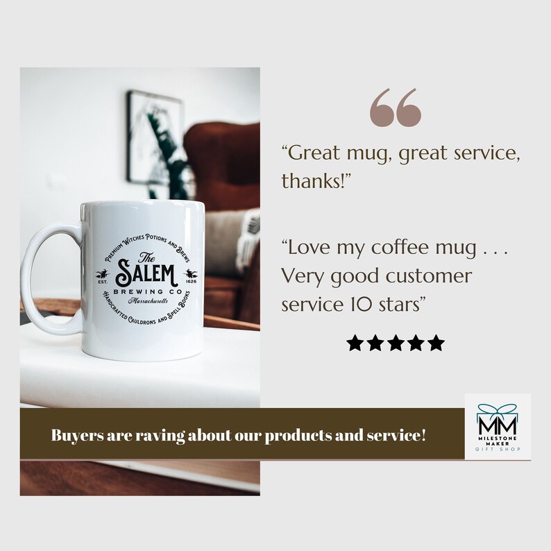 Puede incluir: Taza de caf&eacute; de cer&aacute;mica blanca con un gr&aacute;fico en blanco y negro de "The Salem Brewing Co." La taza est&aacute; sobre una superficie blanca con una silla marr&oacute;n en el fondo. El texto "Great mug, great service, thanks!" y "Love my coffee mug... Very good customer service 10 stars" se muestra en texto negro. Cinco estrellas negras se muestran debajo del texto.