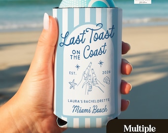 Refroidisseur de canette maigre personnalisé côtier, dernier toast sur la côte, cadeau nuptiale de plage, demoiselle d'honneur BCBG Bach, canette de bière Cozie