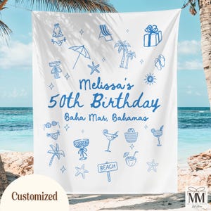 Custom Beach Birthday Banner, Birthday Party Decor, 30th Birthday Party Tapestry, Personalized Location Girls Weekend Photo Backdrop Sign