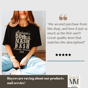 May include: Black t-shirt with gold text that reads "Stephanie's 50th Nash Bash Nashville, Tennessee 2025".