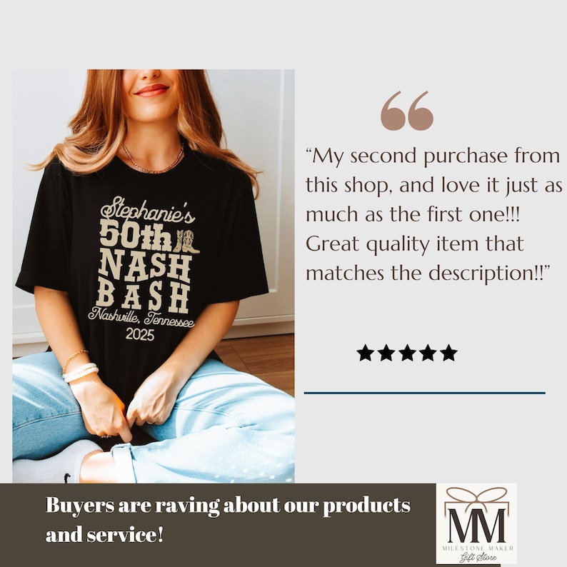 May include: Black t-shirt with gold text that reads "Stephanie's 50th Nash Bash Nashville, Tennessee 2025".