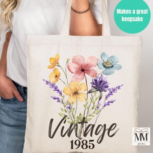40th Birthday Gift For Women, Wildflower 1985 Vintage Canvas Tote Bag, Vintage Floral Birthday Party Gift Bag, 40th Bday Gift For Her