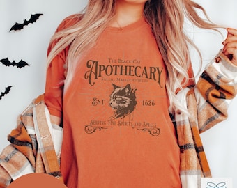 Black Cat Apothecary Halloween T-Shirt, Comfort Colors Grunge Fall Shirt, Salem Massachusetts Shirt, Spooky Witchy Tshirt for Men or Women