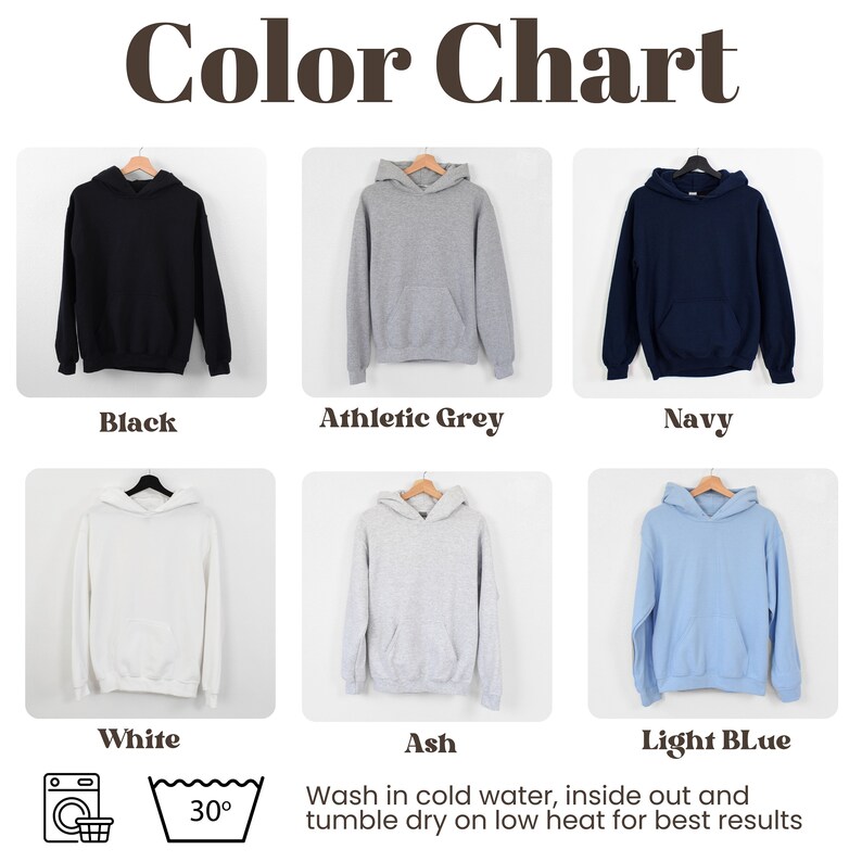 Op de afbeelding: Kleurenkaart met verschillende kleuren van hoodies. De kleuren zijn zwart, sportgrijs, marineblauw, wit, asgrijs en lichtblauw. De kaart bevat wasinstructies: wassen in koud water, binnenstebuiten en drogen in de droger op lage temperatuur.