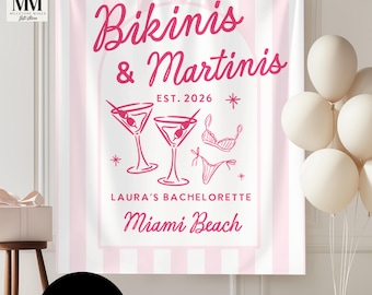 Custom Bikinis and Martinis Bachelorette Banner, Pink Beach Bach Photo Backdrop, Coastal Bridal Party Decor, Last Splash Girls Weekend Sign