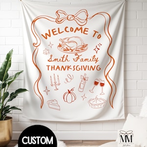 Custom Thanksgiving Party Banner, Friendsgiving Dinner Welcome Sign, Personalized Hand Drawn Fall Family Gathering Photo Backdrop Tapestry