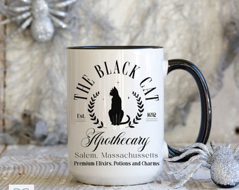 Mug d'Halloween apothicaire chat noir avec manche noir, Mug sorcière Salem MA, cadeau pour les amoureux d'Halloween, déco d'Halloween sorcière, Mug d'Halloween chat noir